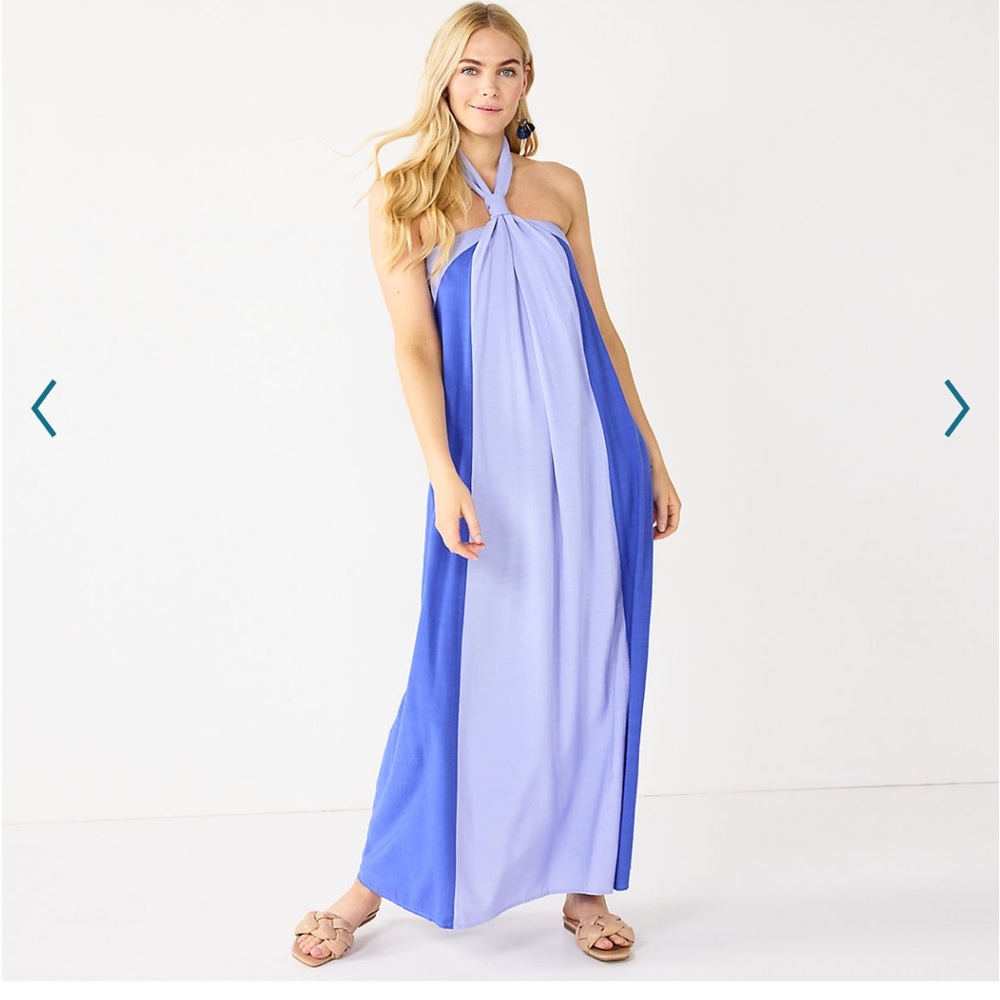 - Women’s halter neck color block maxi dress color: clematis blue